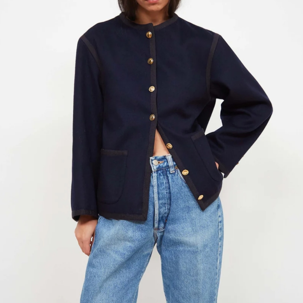 Saint Laurent Rive Gauche vintage wool jacket pockets lined braided trim navy